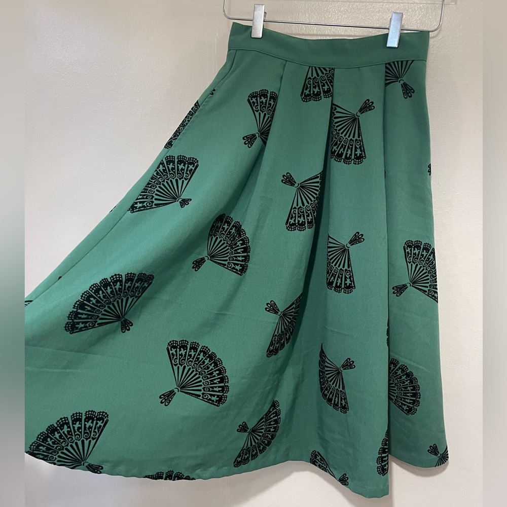 Emerald Green‎ Flared Skirt w Flocked Fans Bettie Paige XS